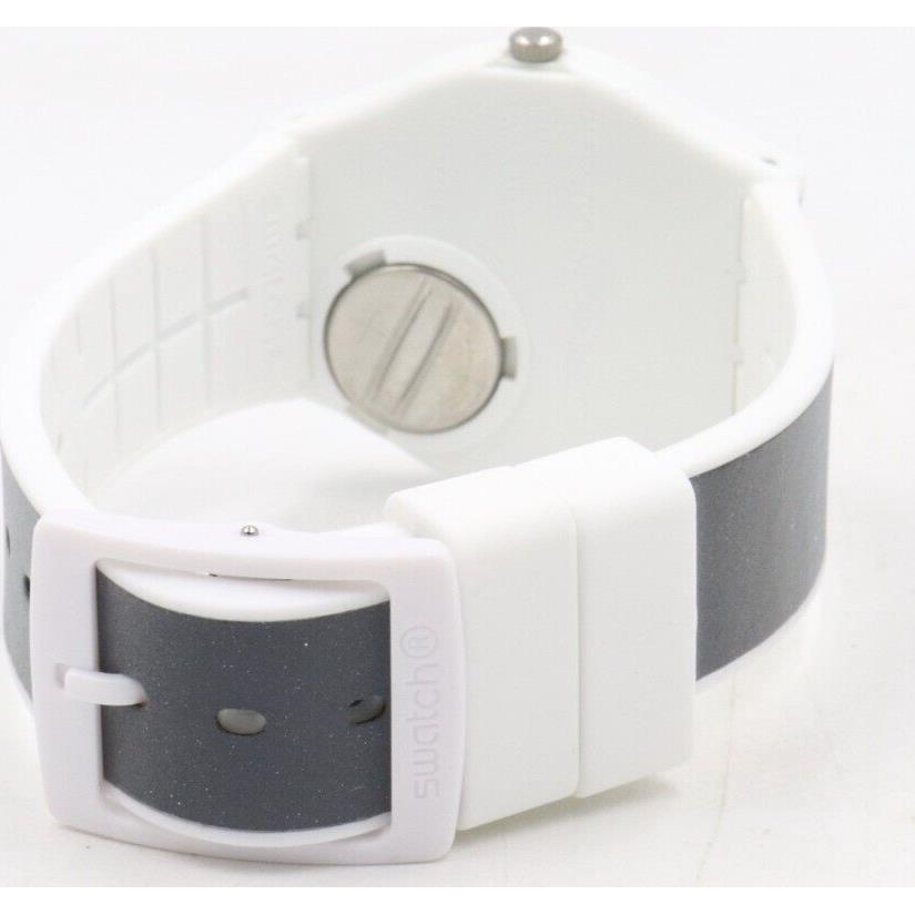 Swatch watch Originals - Dial: Metallic silver, Band: White with silver fabric inlay, Bezel: White