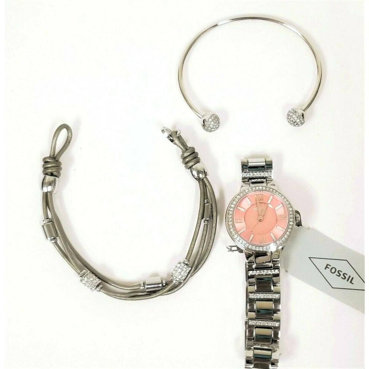 Fossil 3 PC Set Silver Crystal Pink Dial 2 Bracelet Bangle WATCH-BQ2178SET