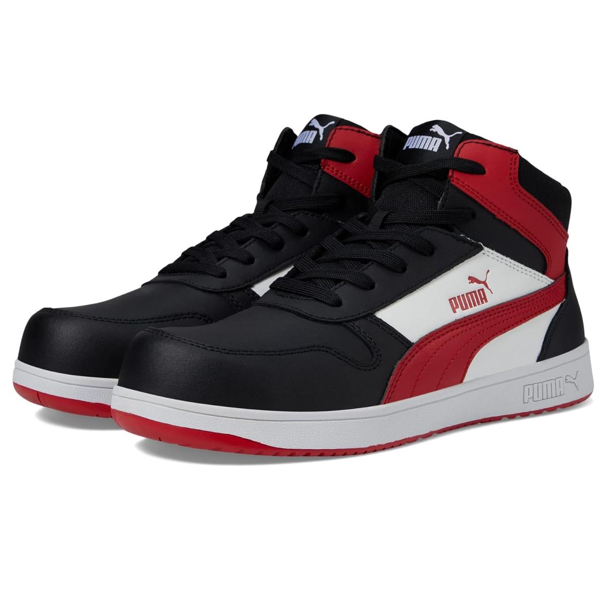 Man`s Sneakers Athletic Shoes Puma Safety Frontcourt Leather Mid Astm EH Black/White/Red