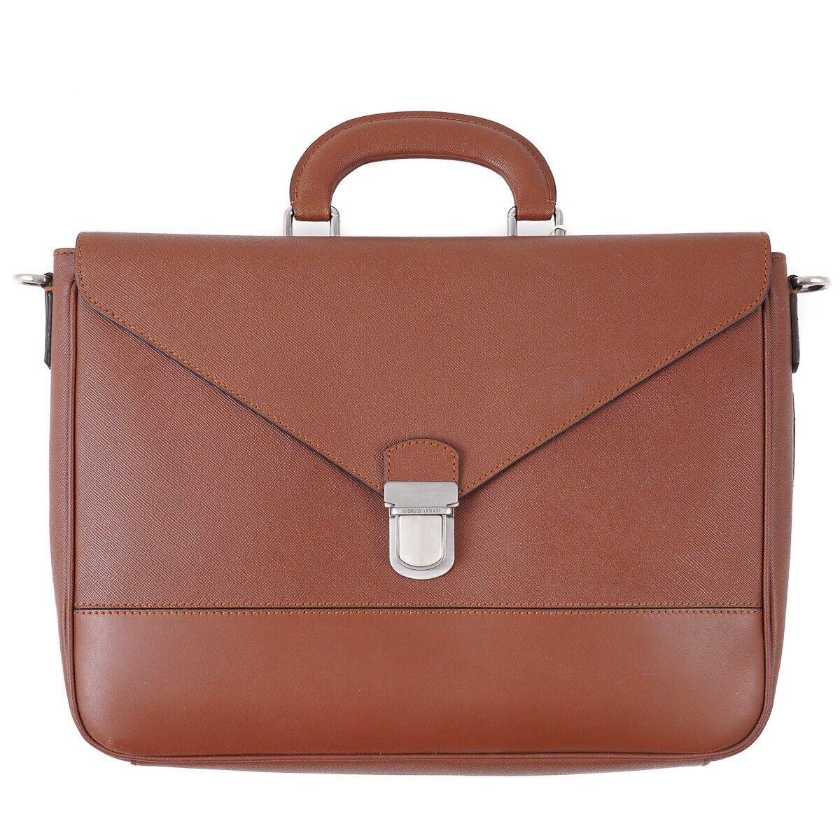Giorgio Armani Black Label Cognac Brown Saffiano Grained Leather Briefcase