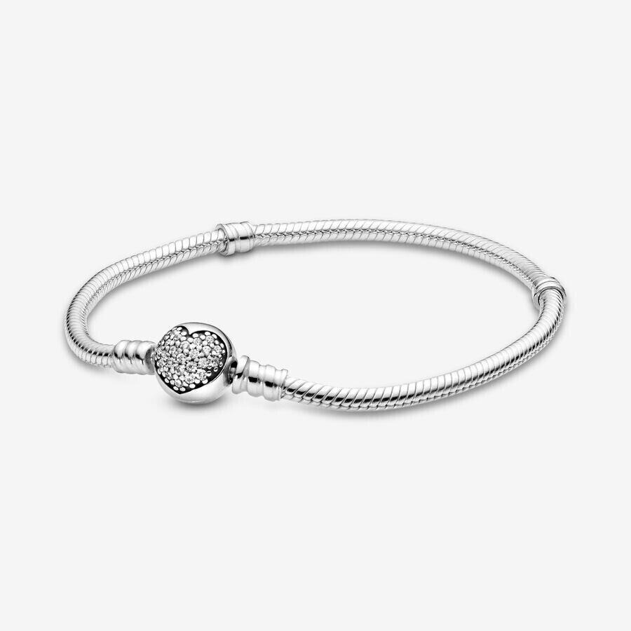 Pandora Sparkling Heart Clasp Snake Chain Bracelet Size 18