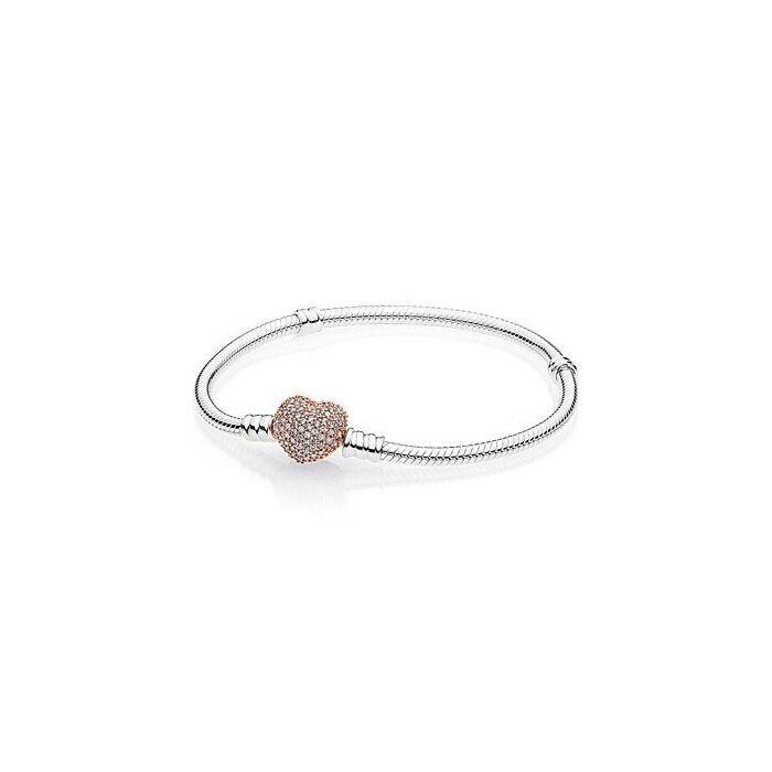Pandora Silver Bracelet with Sparkling Rose Heart Bracelet Size 23