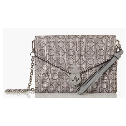 Calvin Klein Soft Lock Crossbody Convertible Wristlet Monogram Grey Leather