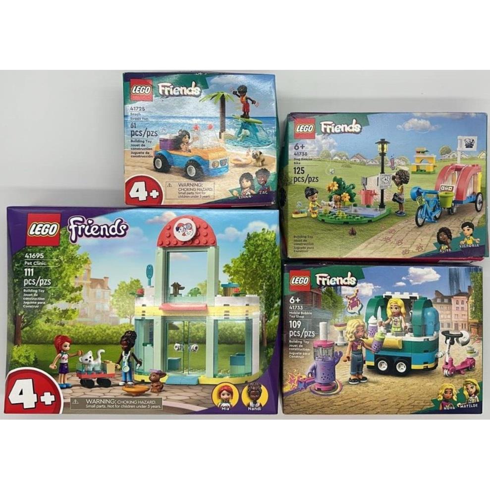 4PK Lego Friends Sets Pet Clinic Bubble Tea Shop Beach Buggy Dog Rescue Bike