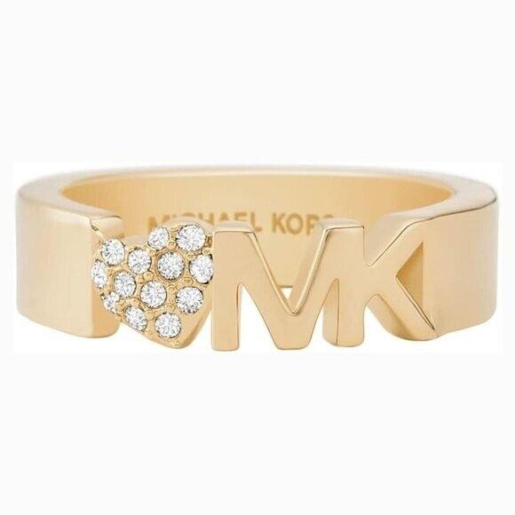 Michael Kors Gold Tone Monogram `mk` Logo Crystals Heart Ring MKJX7978 -size 8
