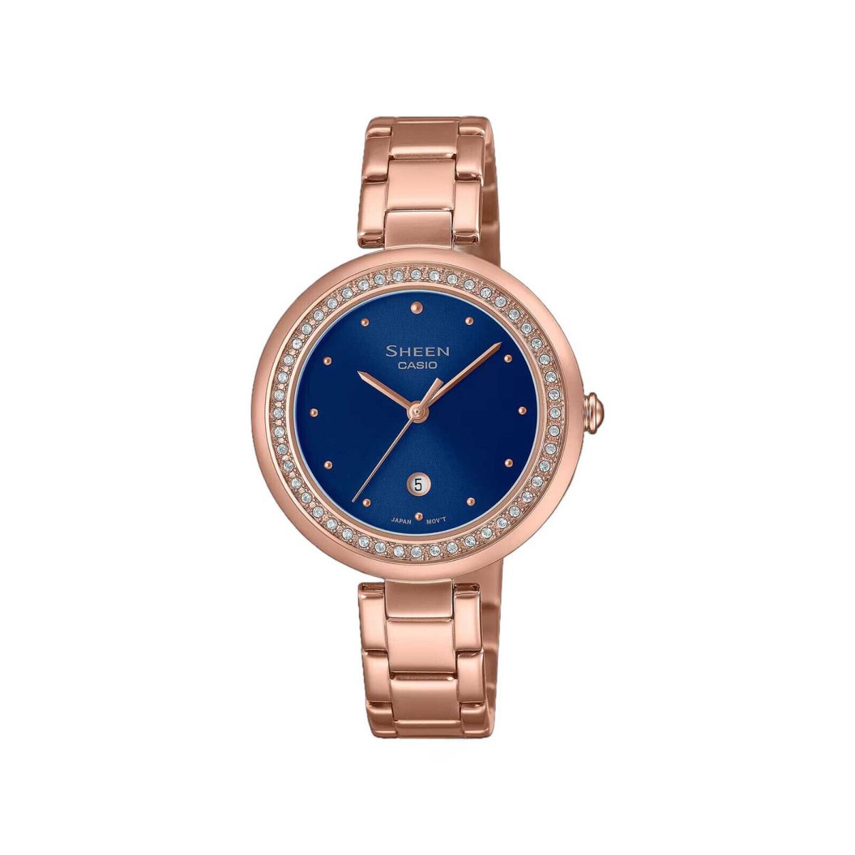 Sheen Casio Ladies Watch Pink Gold Blue Dial Crystals Analog In Gift Box - Blue, Gold, Pink