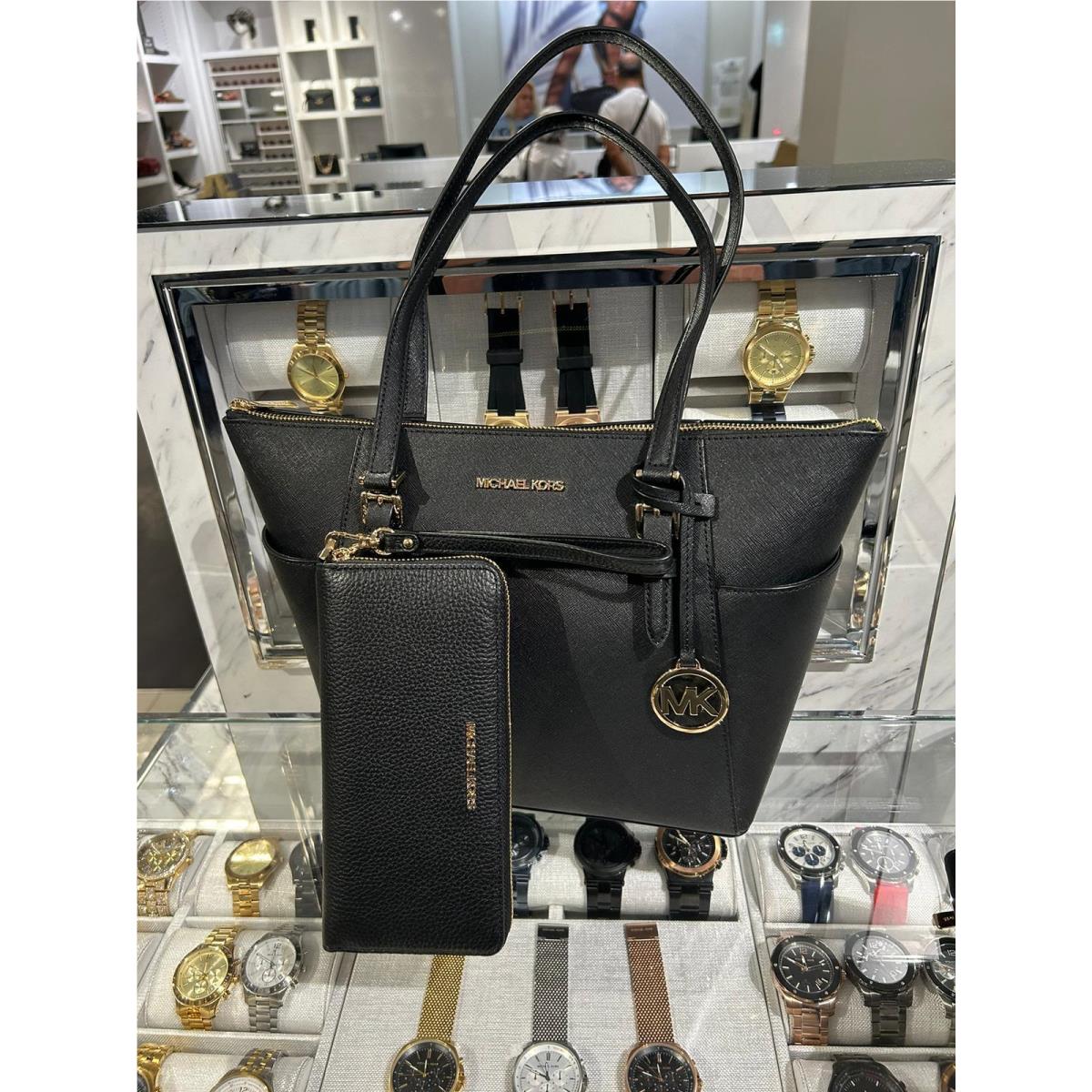Michael Kors Lady Large Leather Tote Handbag Purse Bag + Long Zip Around Wallet BLACK