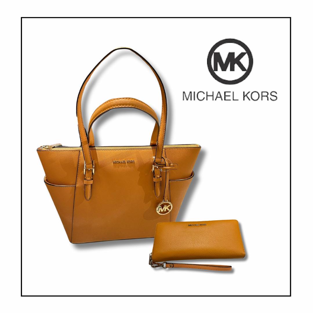 Michael Kors Lady Large Leather Tote Handbag Purse Bag + Long Zip Around Wallet CIDER