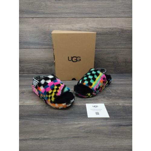 Ugg Australia Womens US 7 Fluff Yeah Slide Checks Slippers Shoe 1135510 Rainbow