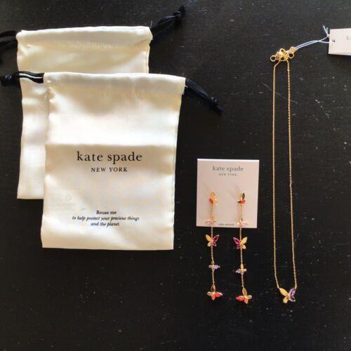 New Kate Spade Linear Social Butterfly Earrings and Necklace 2 Jewelry Pouches