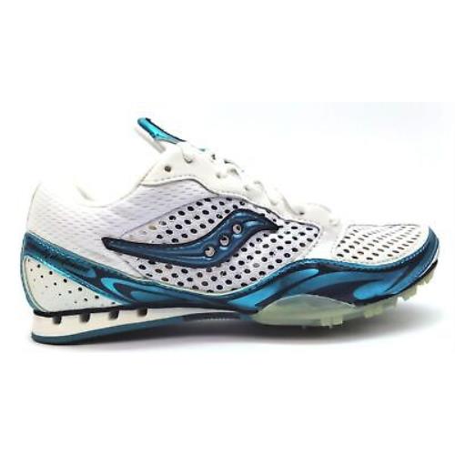 Saucony Women`s Running Shoes Athletic Spike Velocity Distance 2 White Blue - Blue, White