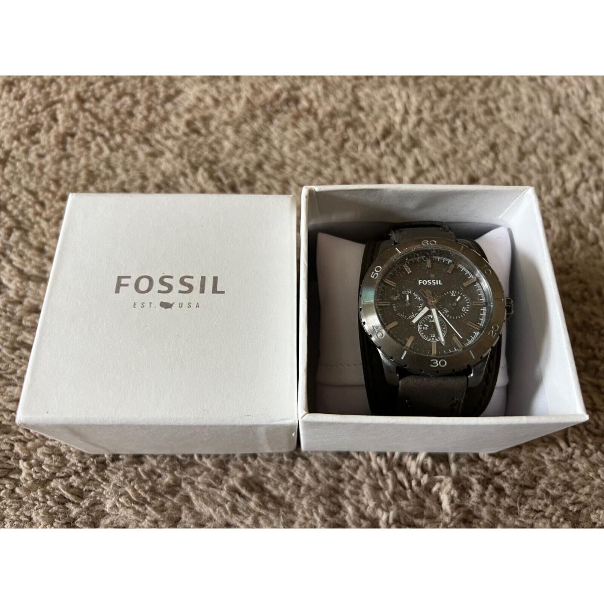 Fossil Gunmetal Multifunction Leather Strap Mens Watch 44mm