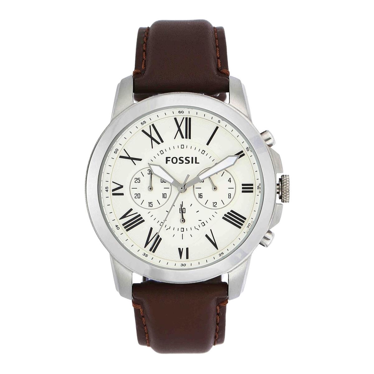 Fossil Grant Chronograph Cream Dial Brown Leather Band Men`s Watch FS4735