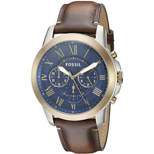 Fossil Grant Chronograph Blue Dial Dark Brown Leather Band Men`s Watch FS5150