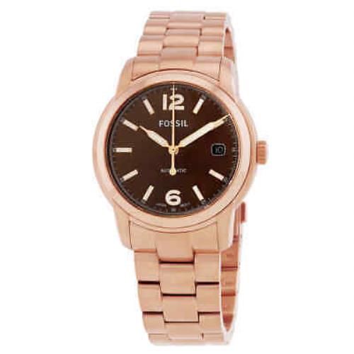 Fossil Heritage Automatic Brown Dial Unisex Watch ME3258 - Dial: Brown, Band: Rose Gold-tone, Bezel: Rose Gold-tone