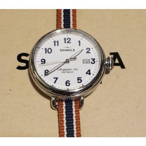 Shinola Birdy with 38mm White Face and Bright Blue Numbers and Fabric Band