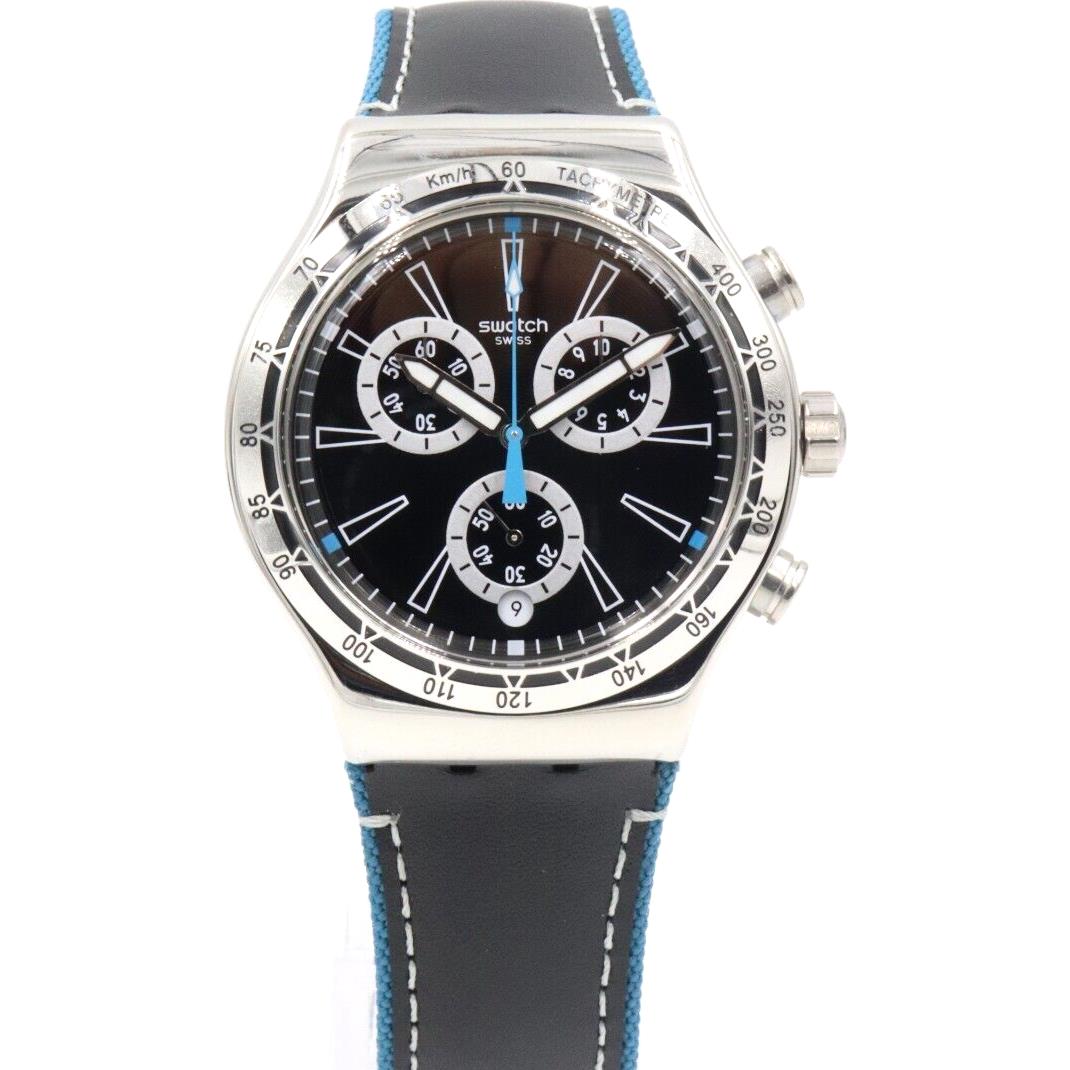 Swiss Swatch Irony Blue Details Chronograph Leather Watch 44mm YVS442 - Dial: Black, Band: Black, Bezel: Silver