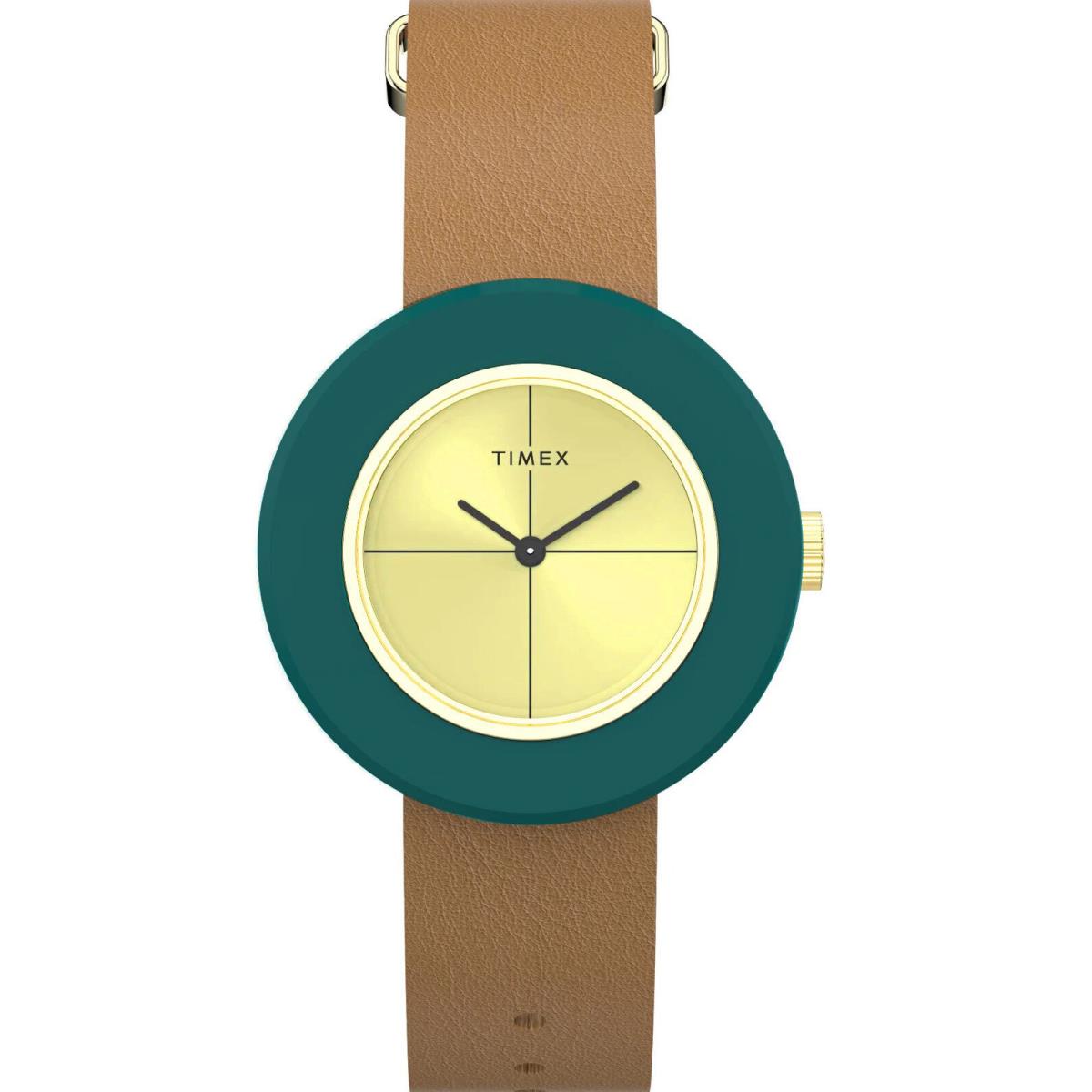 Timex TW2T92800 Women`s Analog Green / Gold-tone Watch Brown Leather Strap