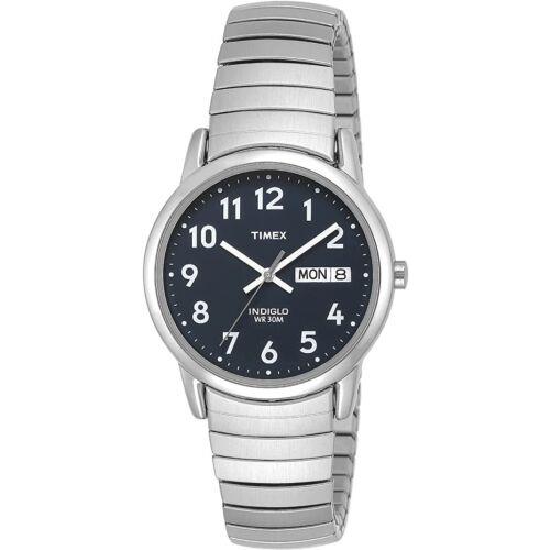 Men`s Easy Reader Day-date Silver Expansion Band Blue Dial Timex Watch T20031