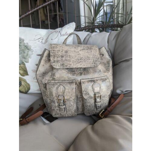 Lauren Ralph Lauren Bag Backpack Croc Embossed Leather Beige Gray Gold