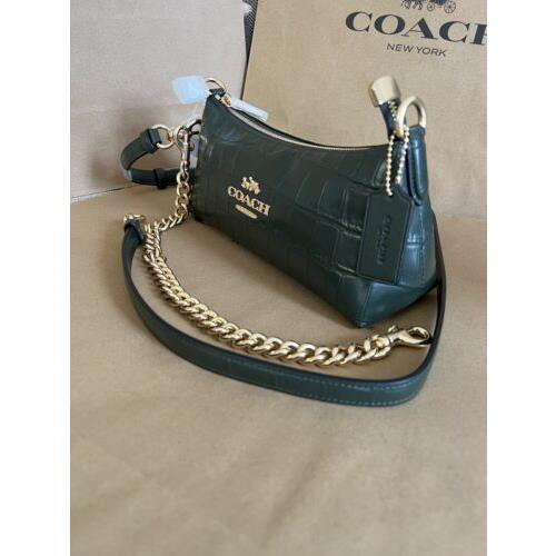 Coach Charlotte CL656 Chain Shoulder Bag Croco Embossed Leather Green