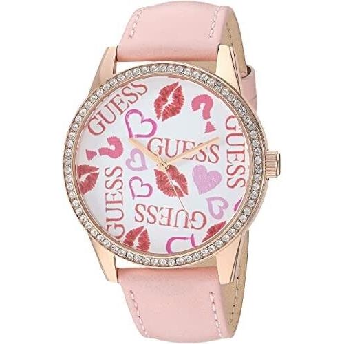 Guess Pink Gemmed Set Leather Strap 40mm Women`s Watch Ladies Smooch U1206L3