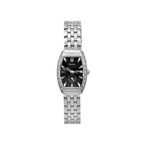 Bulova 63R44 Women`s Tonneau Diamond Bezel Black Dial Polished Steel Watch