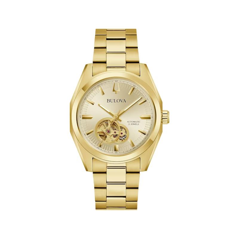 Bulova Surveyor Auto Gold-tone Dial Open Heart Men`s Watch 97A182 - Dial: Champagne, Band: Gold