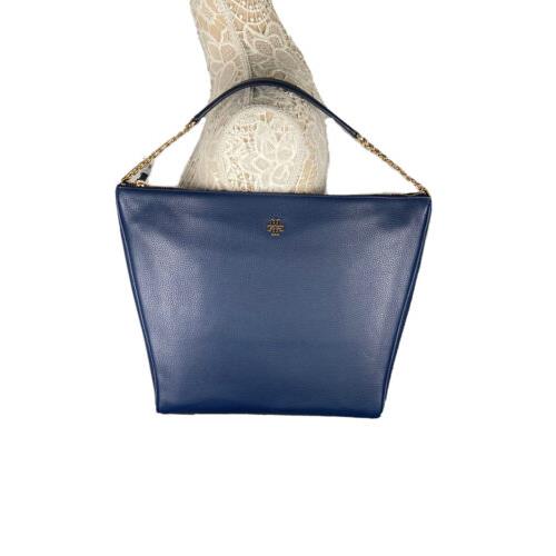 Tory Burch Carter Slouchy Hobo Shoulder Bag in Royal Navy Leather W16 x H12.5