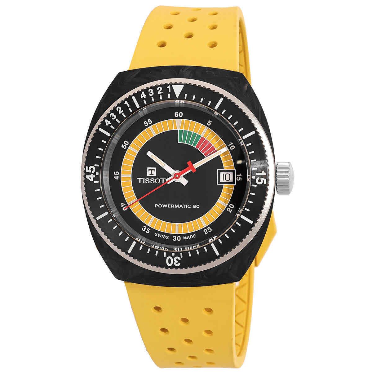 Tissot Sideral S Powermatic 80 Automatic Black Dial Men`s Watch - Dial: Black, Band: Yellow, Bezel: Black