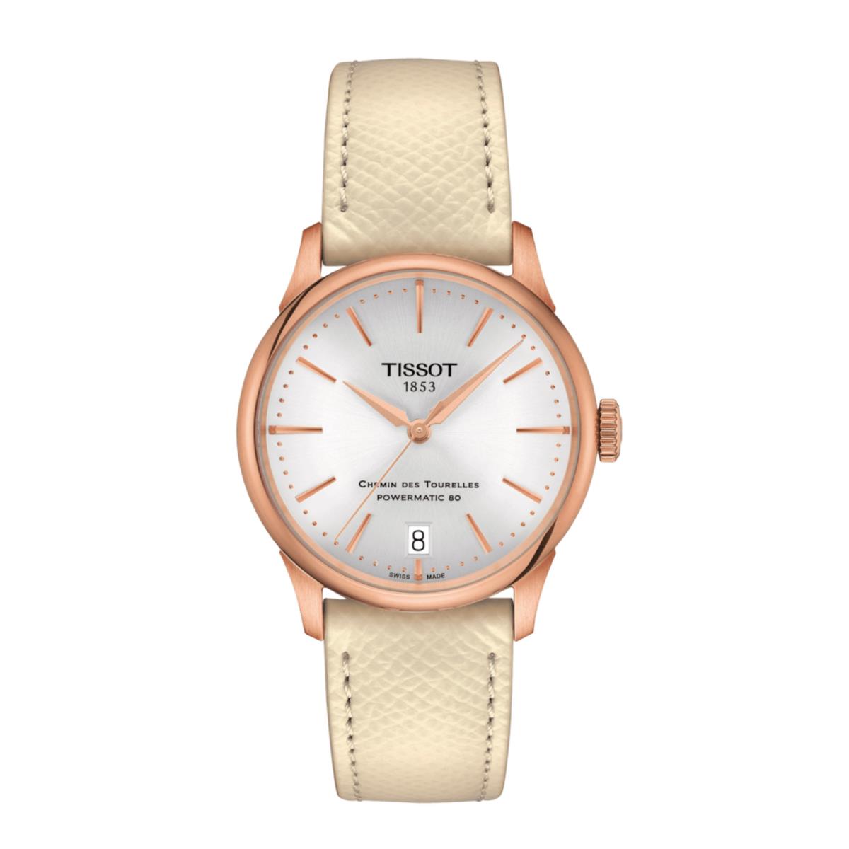 Tissot T139.207.36.031.00 Chemin Des Tourelles Powermatic 80 34 mm Wrist Watch - Dial: Silver, Band: Beige, Bezel: Rose Gold