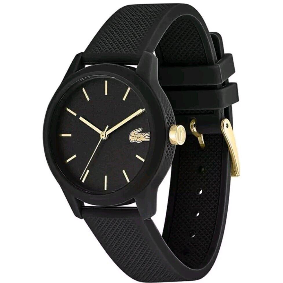 Lacoste Women`s Watch Black Silicone Strap Black Dial Gold Hands 2001064