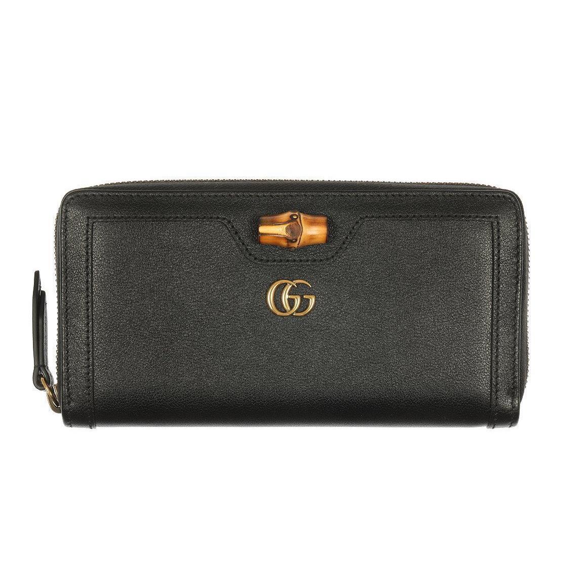 Gucci Diana Black Leather Logo Bambu Zip Around Wallet Clutch