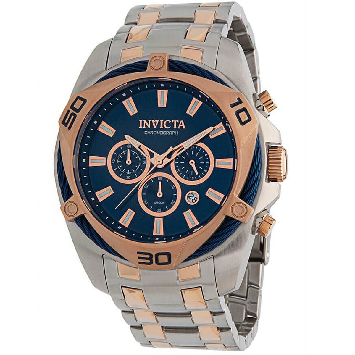 Invicta Men`s Watch Bolt Chrono Blue and Rose Gold Dial Two Tone Bracelet 34133 - Dial: Blue, Rose Gold, Band: Silver, Rose