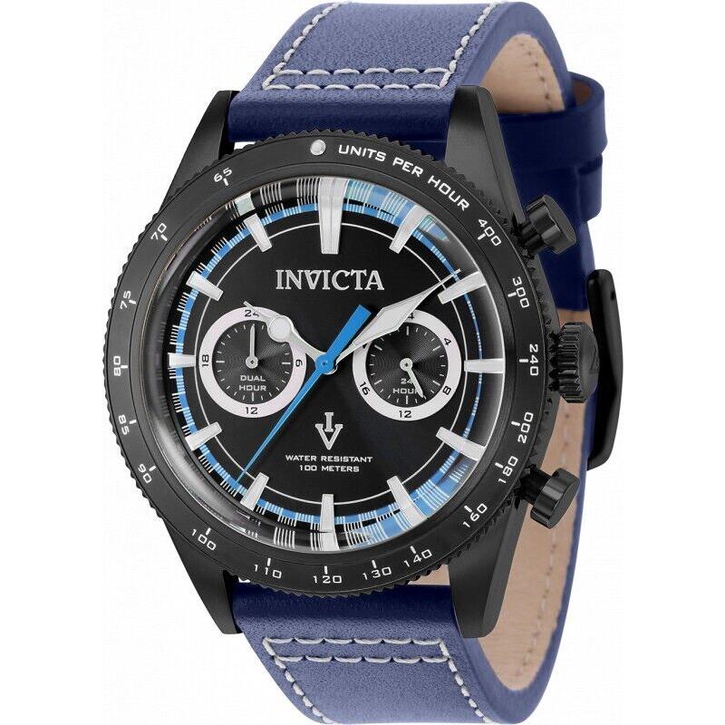 Invicta Vintage Black Case 37083 Quartz 44Mm Blue Leather Chrono Men`s Watch