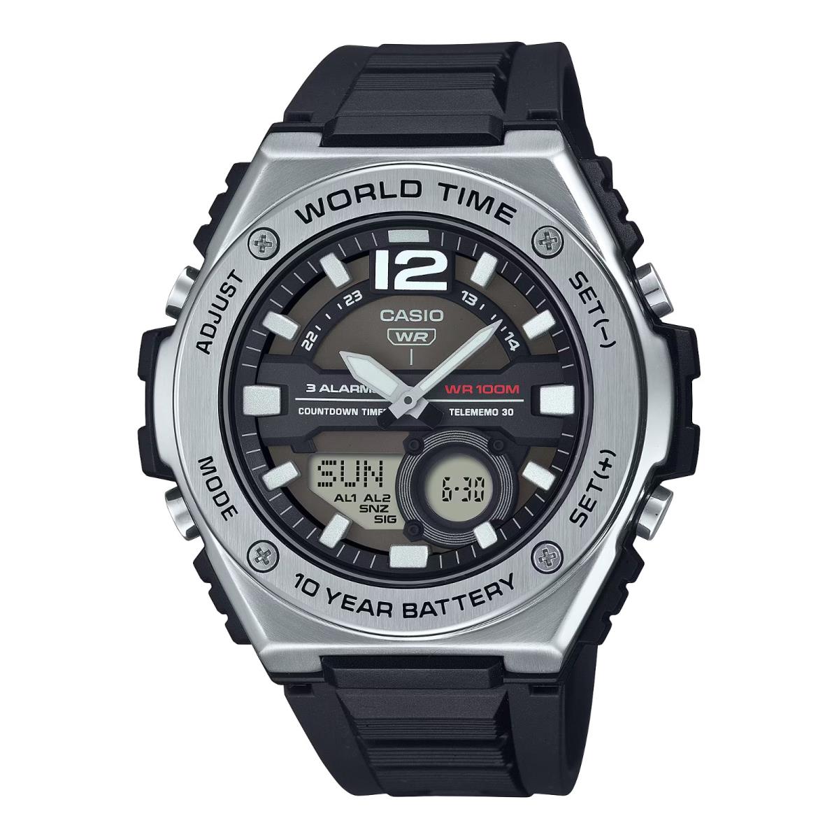 Casio MWQ100-1AV World Time Combo Watch 3 Alarms Black Strap 10Year Battery