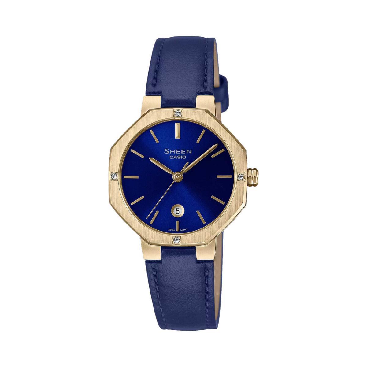 Casio Sheen Women`s Watch Blue and Gold Leather Strap with Gift Box - Dial: Blue, Band: Blue, Bezel: Gold