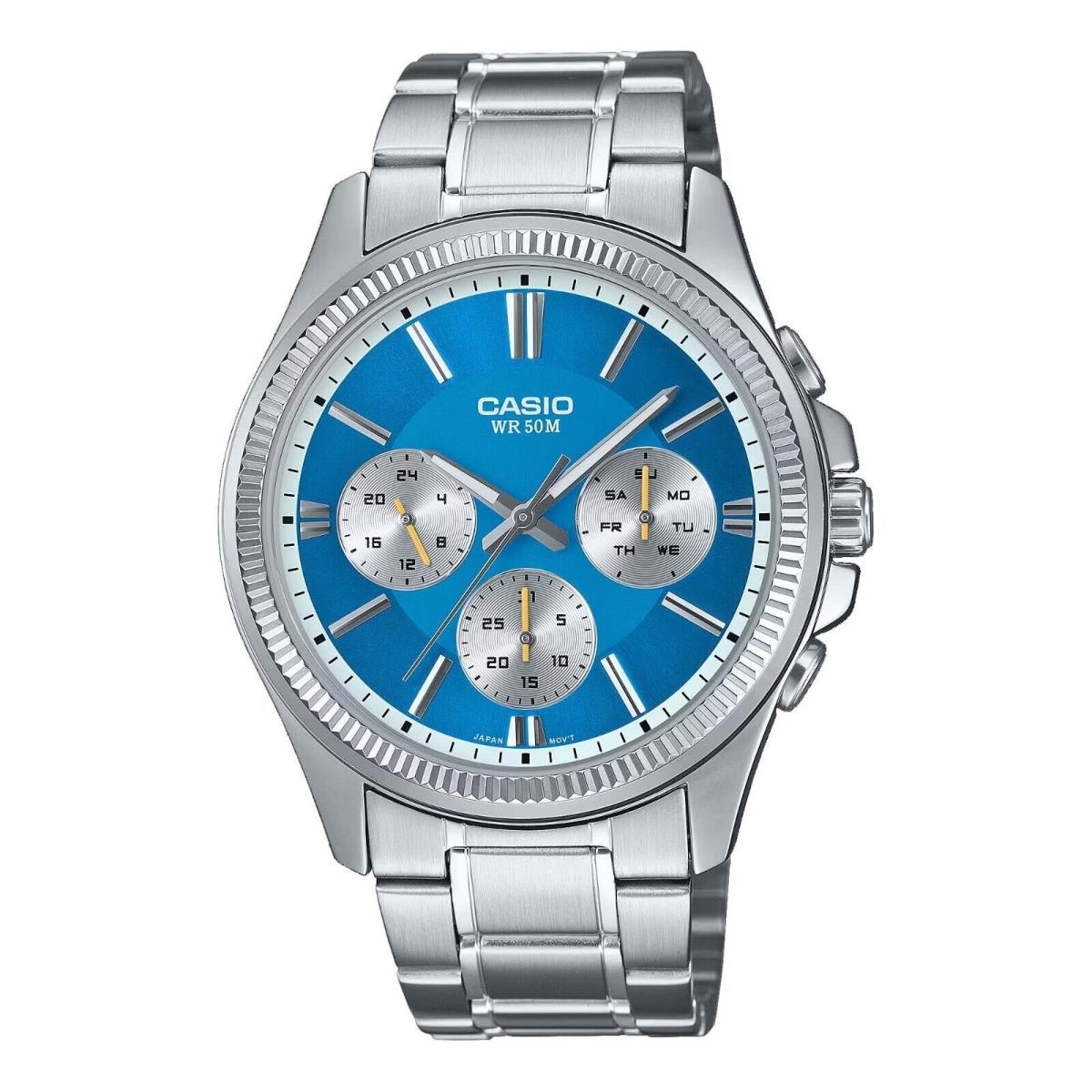 Casio MTP1375D-2A2V Men`s Enticer Stainless Steel Multi-function Blue Dial Watch - Dial: Blue, Band: Silver, Bezel: Silver