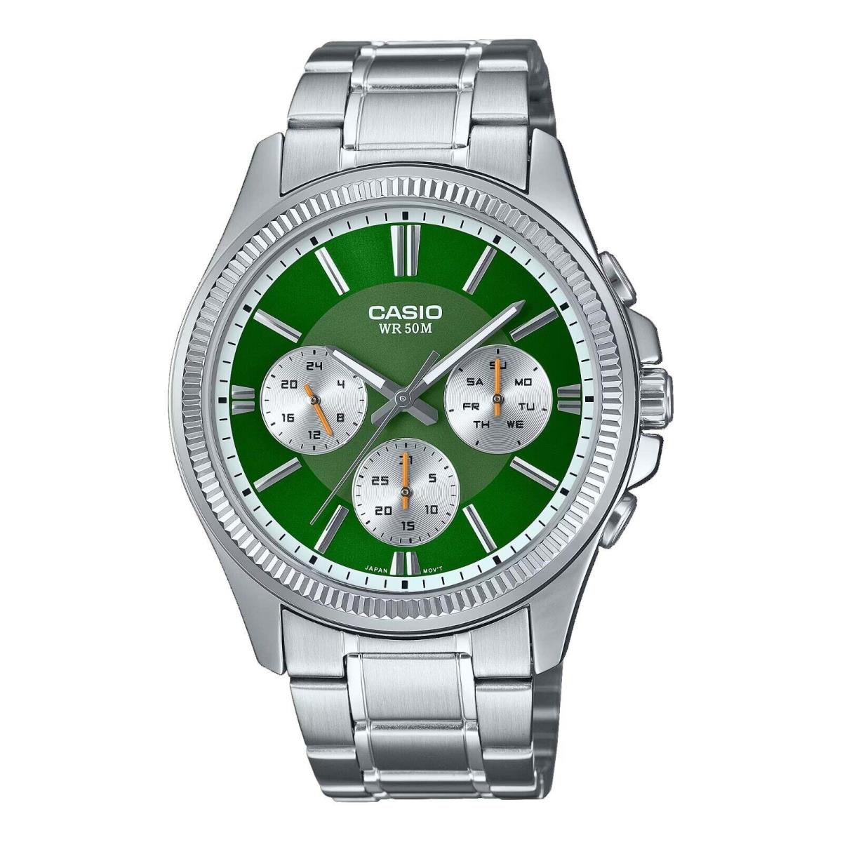 Casio MTP1375D-3AV Men`s Enticer Stainless Steel Multi-function Green Dial Watch - Dial: Green, Band: Silver, Bezel: Silver