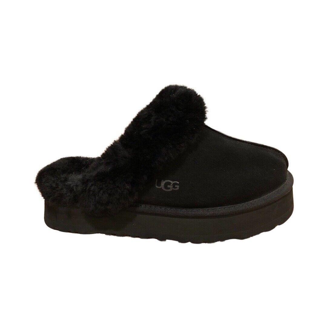 Ugg Women`s Disquette Black Suede Slippers Platform Scuffs Shoes 1122550