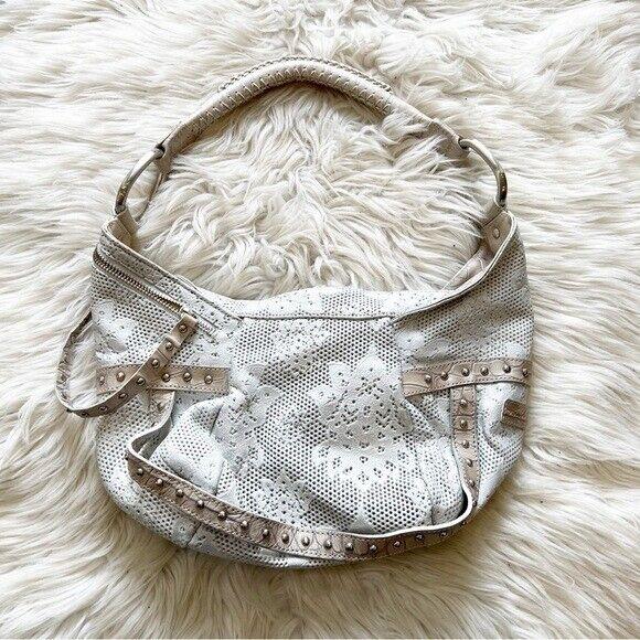 Kenneth Cole NY White Leather Hudson Rivet Lace Small Hobo Shoulder Bag