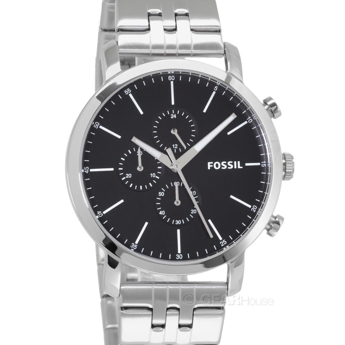 Fossil Luther Mens Chronograph Watch Black Dial Silver Stainless Steel Band