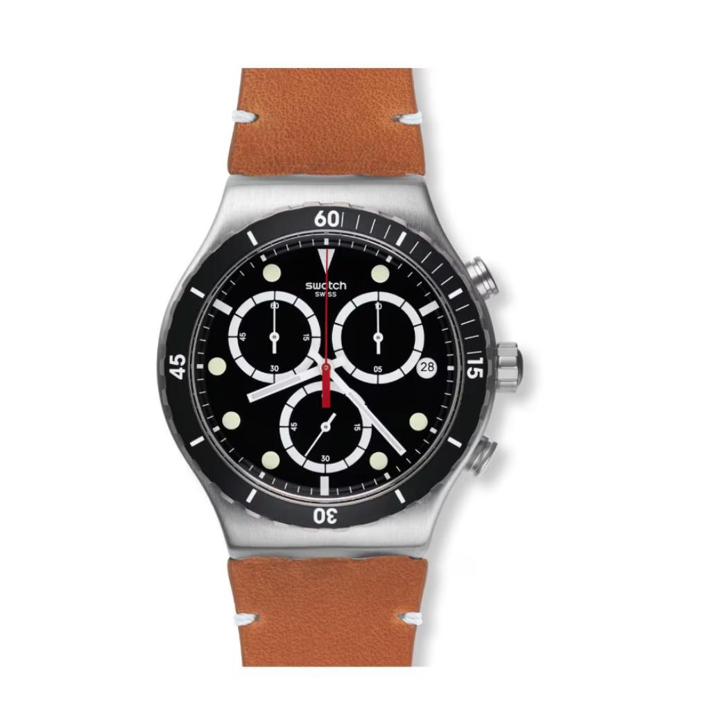 Swiss Swatch Irony Disorderly Chrono Leather Date Watch 44mm YVS424 - Dial: Tan, Band: Tan, Bezel: Black