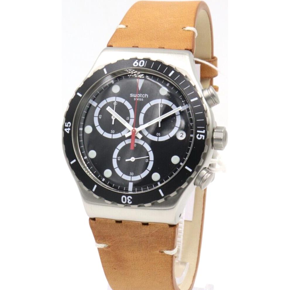 Swiss Swatch Irony Disorderly Chrono Leather Date Watch 44mm YVS424 - Dial: Tan, Band: Tan, Bezel: Black