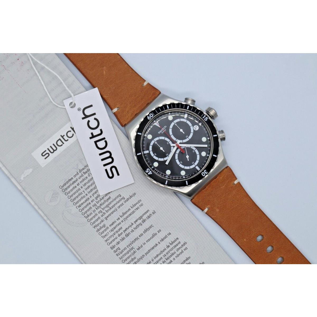 Swiss Swatch Irony Disorderly Chrono Leather Date Watch 43mm YVS424 - Dial: Tan, Band: Tan, Bezel: Black