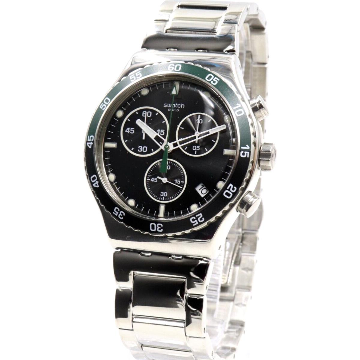 Swiss Swatch Dark Green Irony Chronograph Steel Date Watch 44mm YVS506G