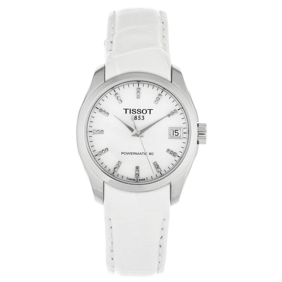 Tissot Couturier Powermatic 80 White Mop Dial Lthr Women Watch T0352071611600 - Mother of Pearl Dial, White Band, Silver Bezel