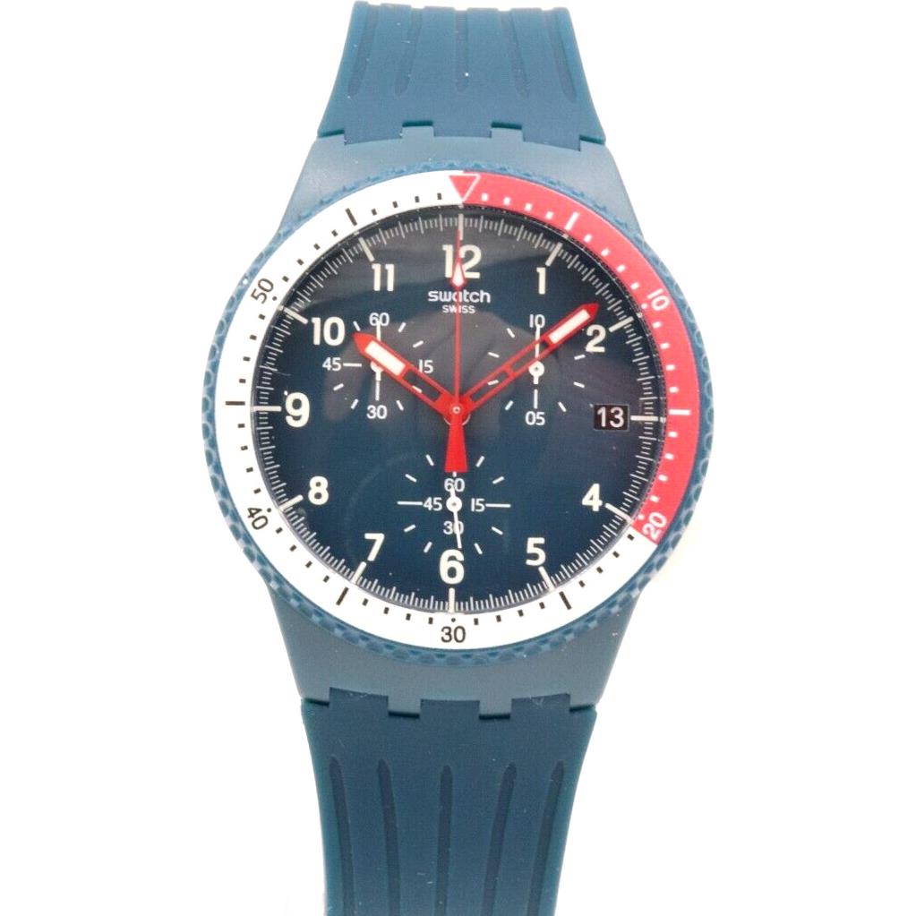 Swiss Swatch El Comandante Blue Silicone Chrono Men Watch 42mm SUSN405