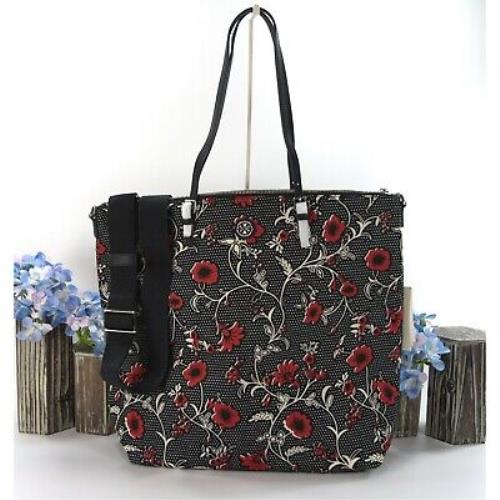 Tory Burch Virginia Red Retro Floral Block Print Nylon Leather Zip Tote Bag