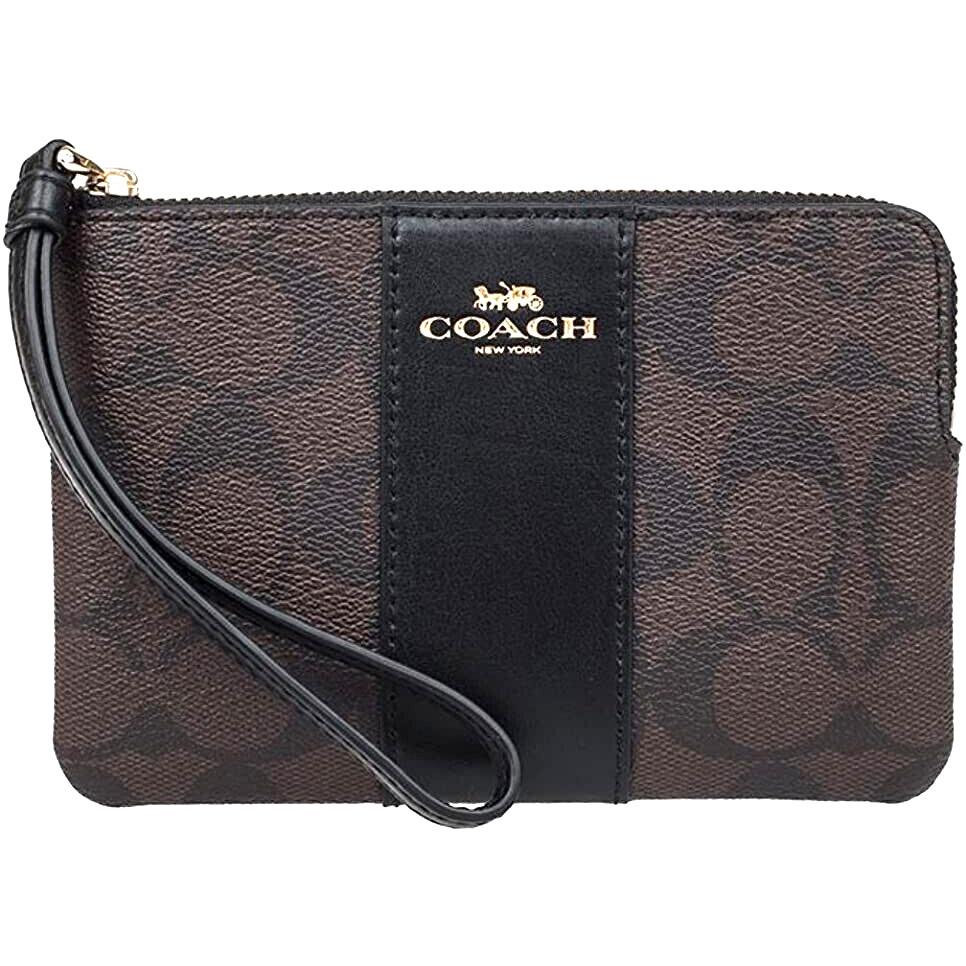 Coach Corner Zip Wristlet - 58035 Brown/black Signature Canvas W/leather